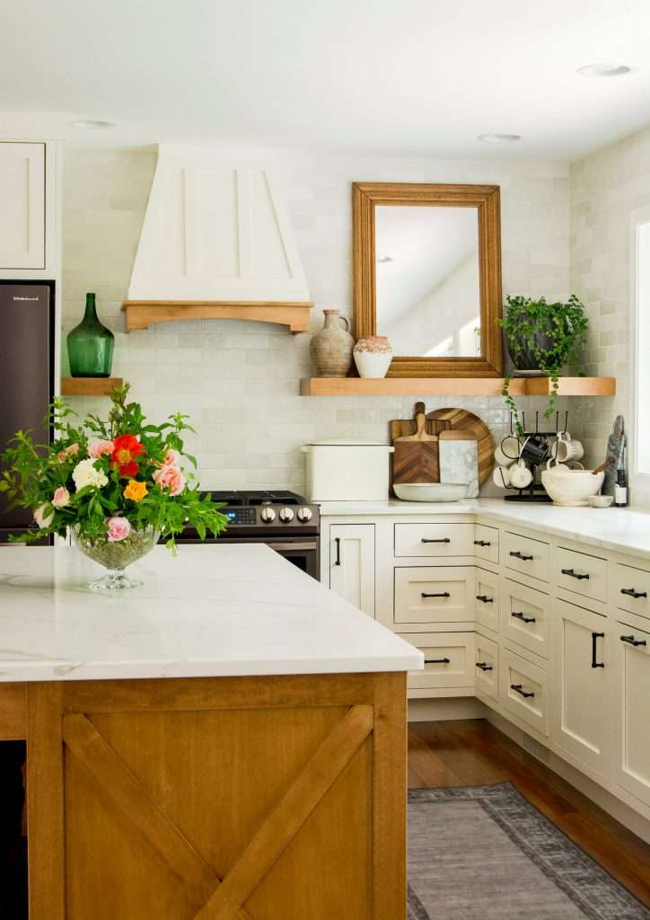 Kitchen island with flower arrangement.