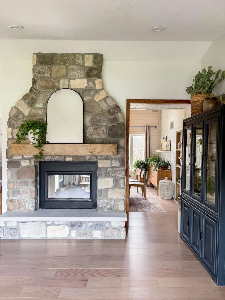Stone fireplace after remodel.