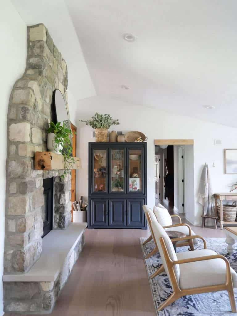 Stone fireplace in a great room.