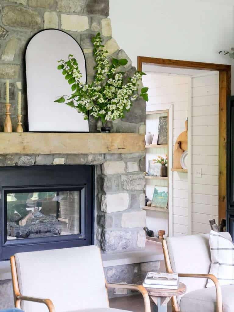 Stone fireplace mantel decor.