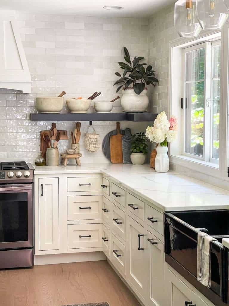 Dark shelves in a kitchen.