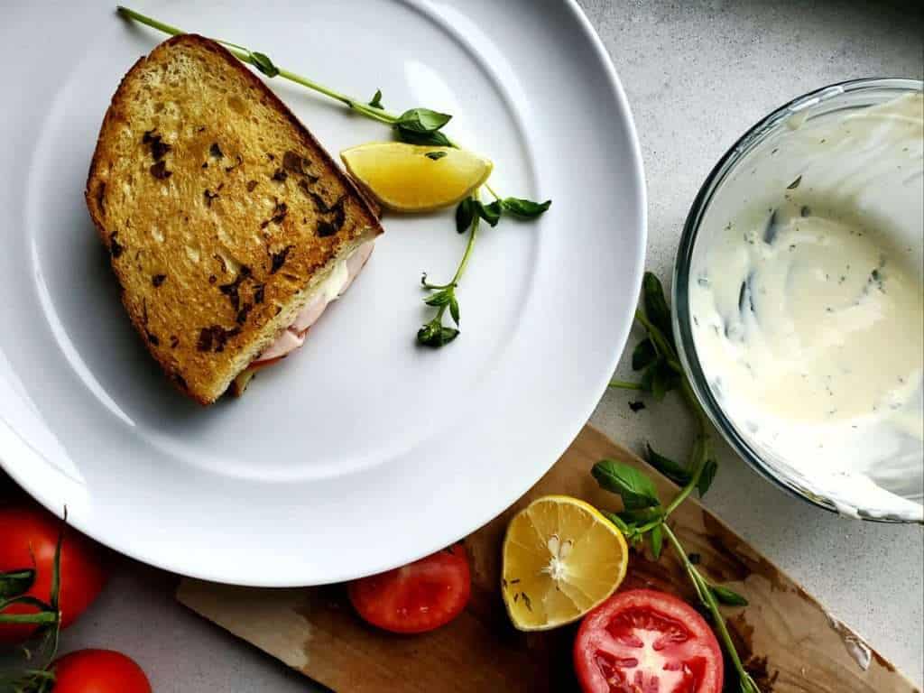 Leftover Turkey Grilled Cheese With Lemon Basil Mayo on a plate.