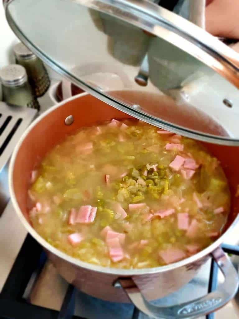 Split pea soup in a pot on the stove.