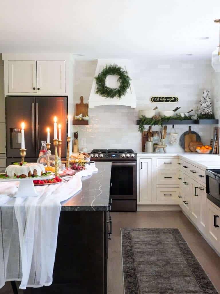 Kitchen decorated for Christmas.