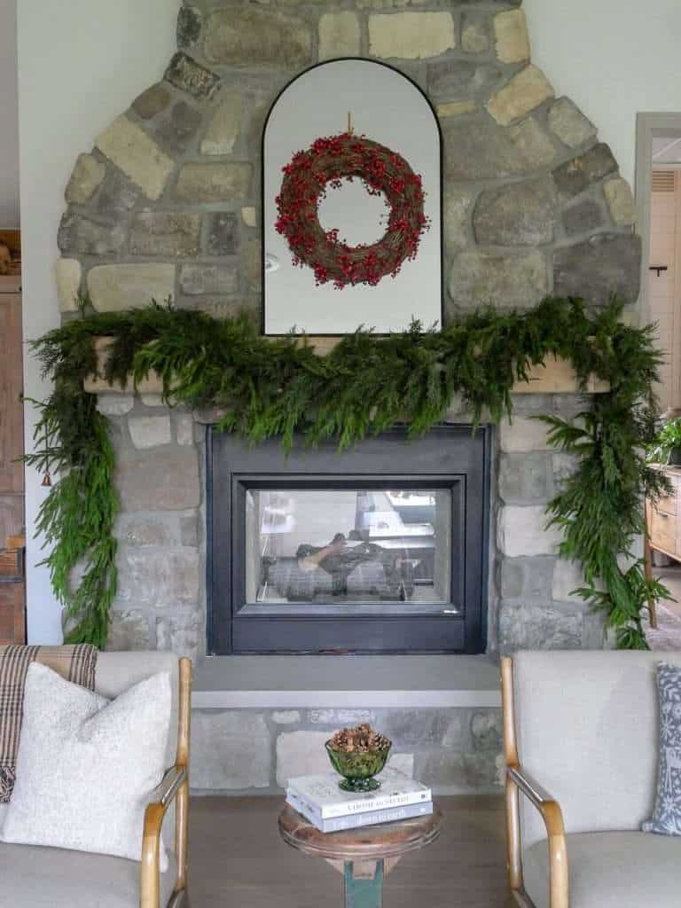 Garland draped on the ends of a mantel.