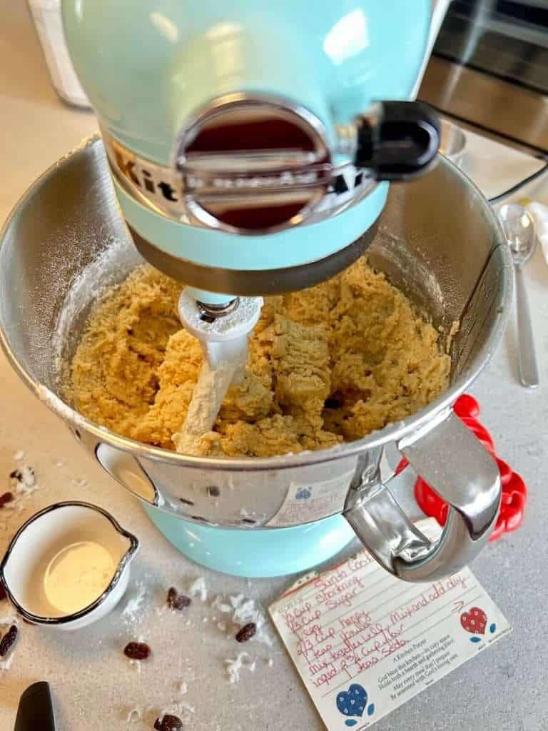 Homemade cookie dough in a mixer.