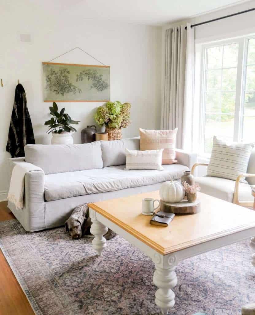 Living room with slipcovered sofa.