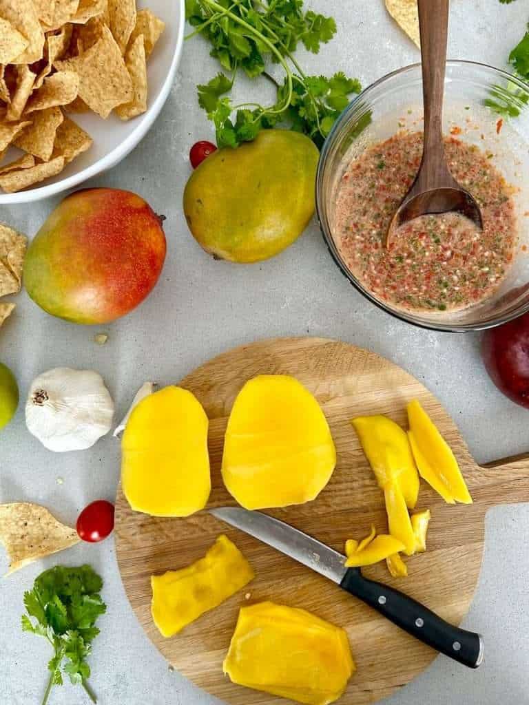 Sliced mango for pico de gallo recipe.