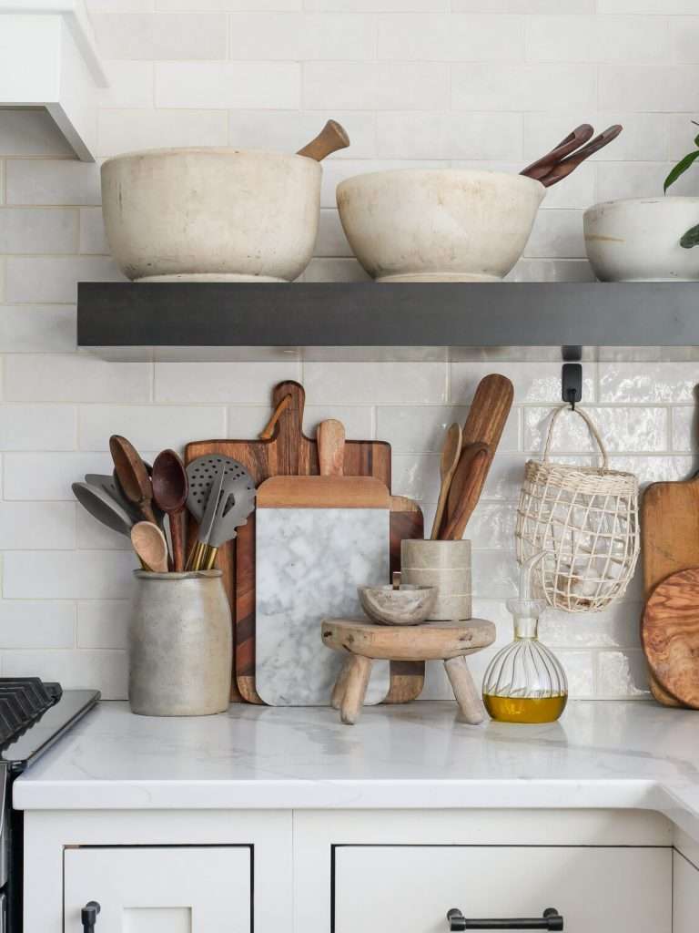 Kitchen countertops with a tile backsplash.