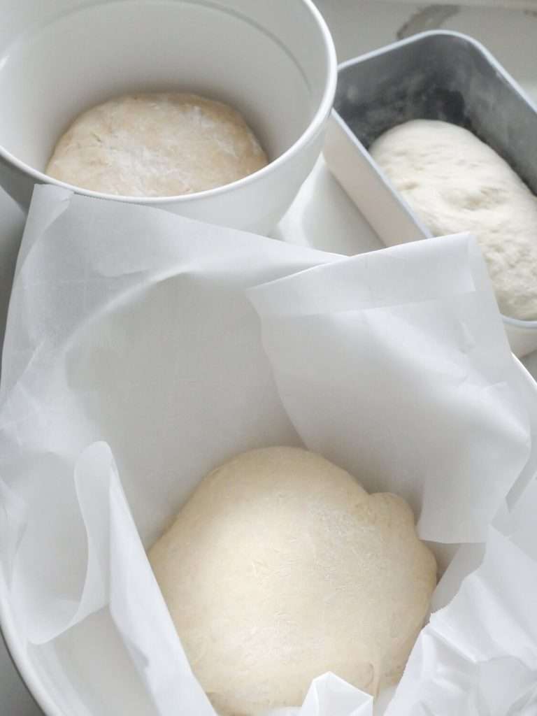 Small sourdough loaves in parchment paper.