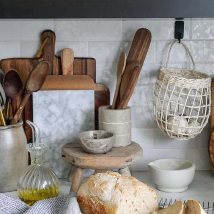 Loaf pan sourdough bread on a countertop.