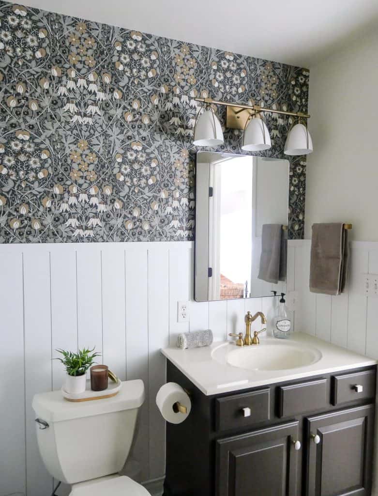 DIY Bathroom makeover with shiplap and wallpaper