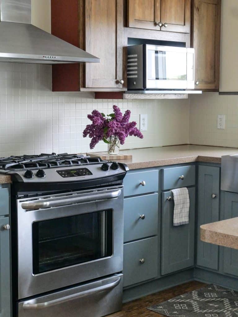 Kitchen cabinets painted blue.