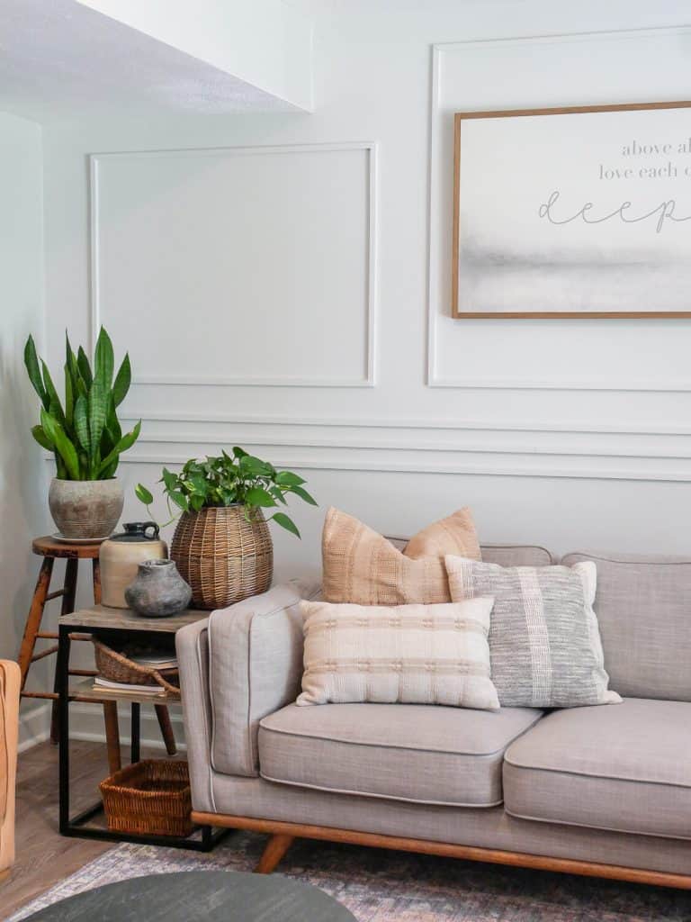 Couch with pillows and box moulding