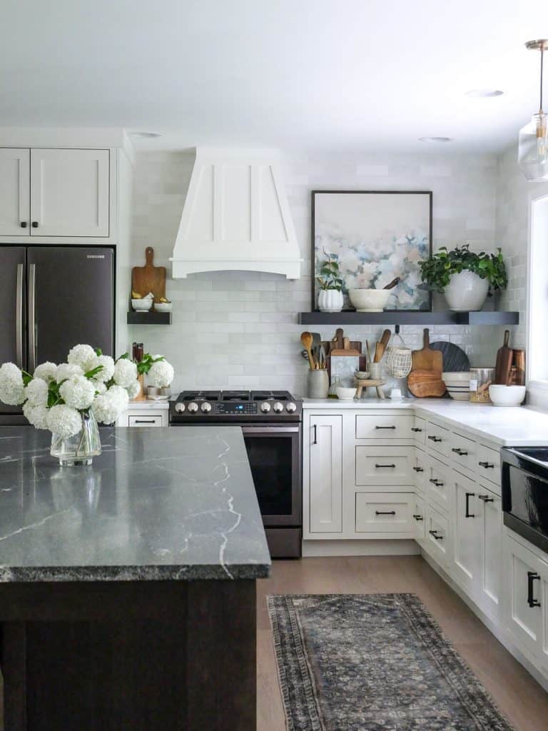 Organic modern kitchen with snow ball bush bouquet.