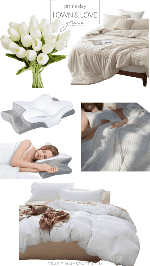 Prime day collage of bedding items.