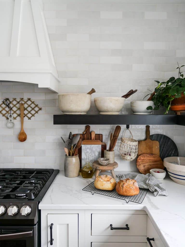 Mixed tiles for kitchen backsplash.