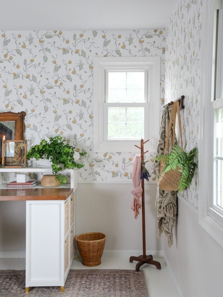 Cottage core decor in a home office.