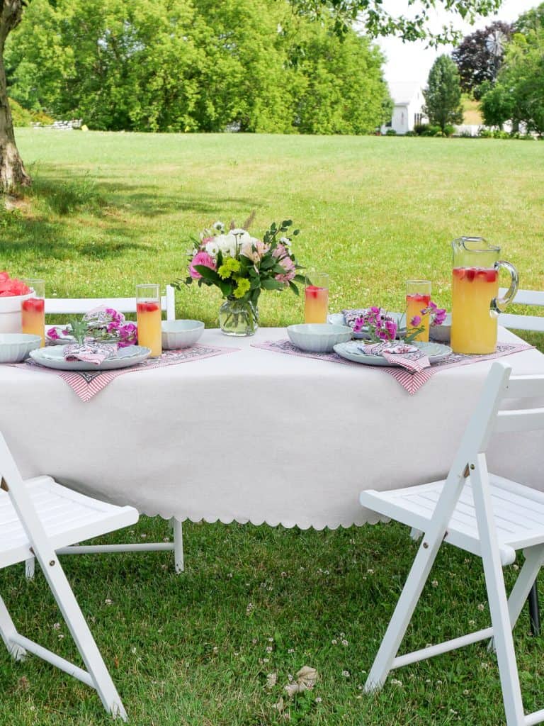 Folding table with garden party table setting.
