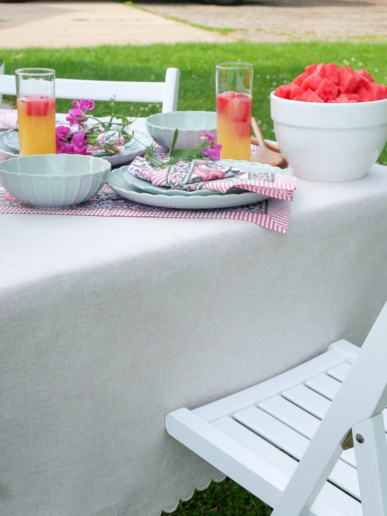 Table linens for a garden party.