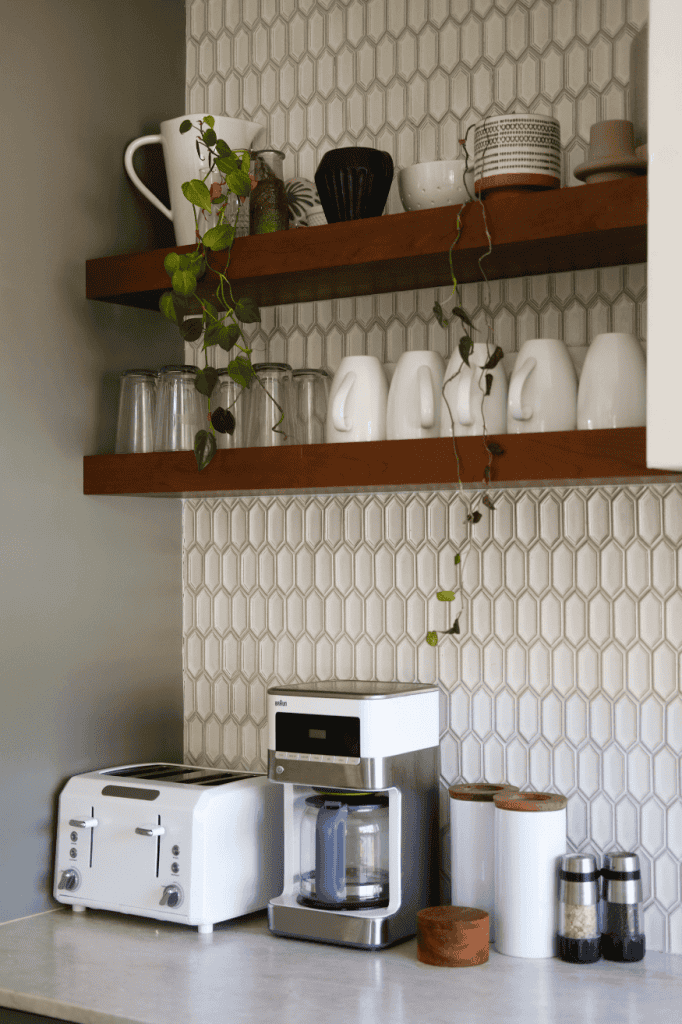 A coffee bar out of kitchen shelves.