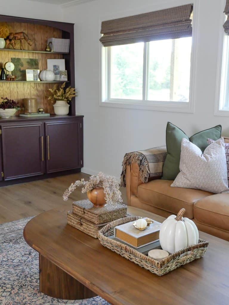 Fall coffee table styling in a living room.