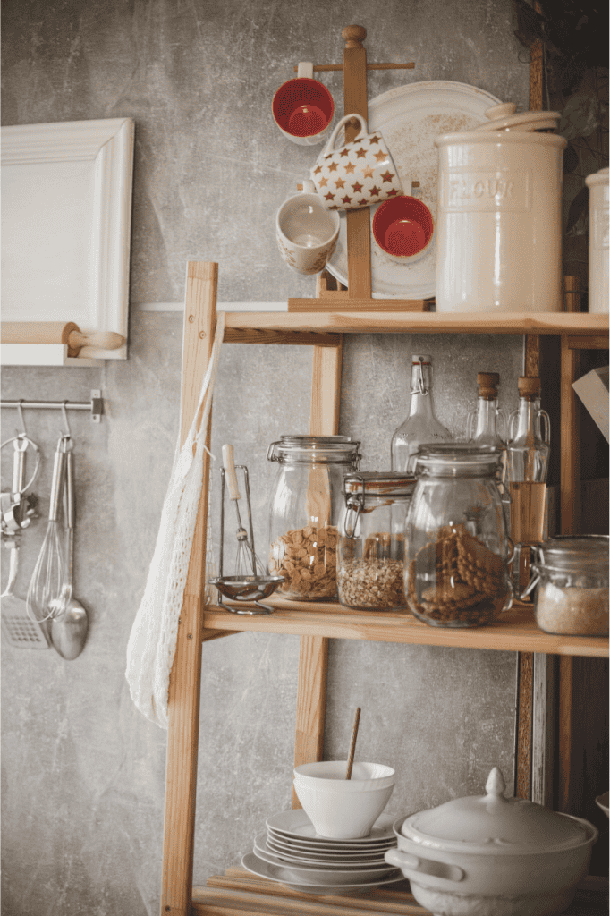 Country style kitchen shelf decor.