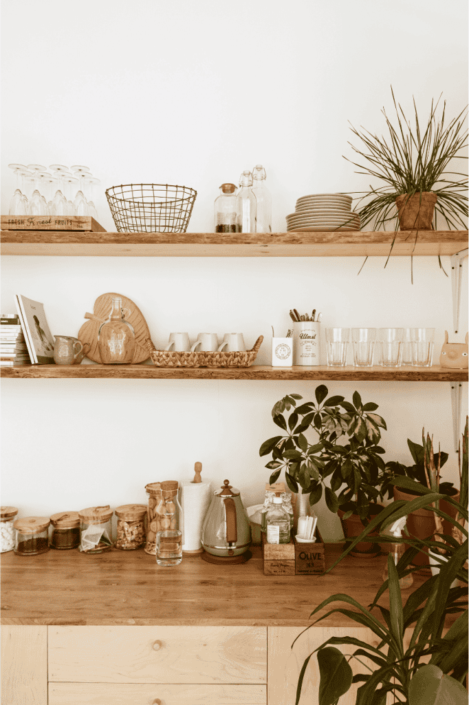 everyday dishes on kitchen shelves.