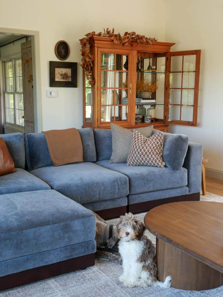 Brown and gold fall color palette in a living room.