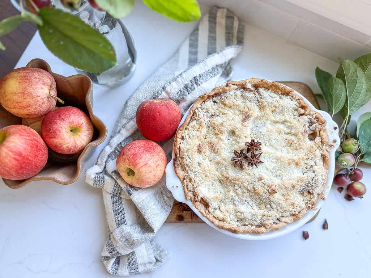 Dutch apple pie on a countertop.