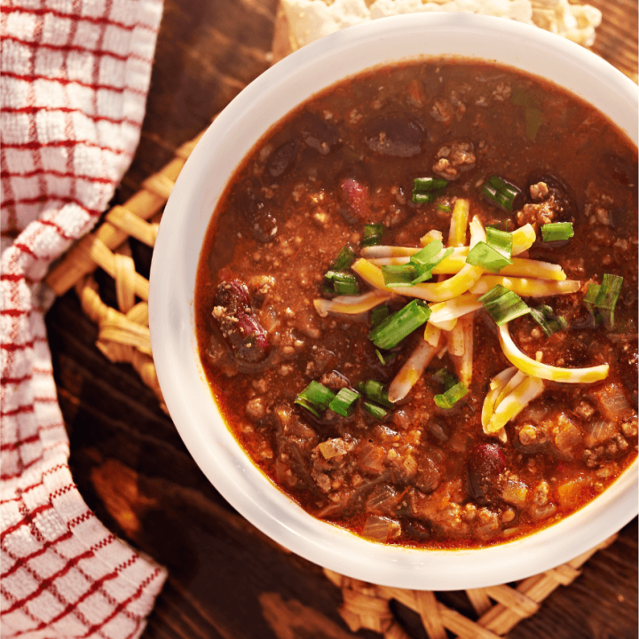 Venison Chili styled on a countertop.