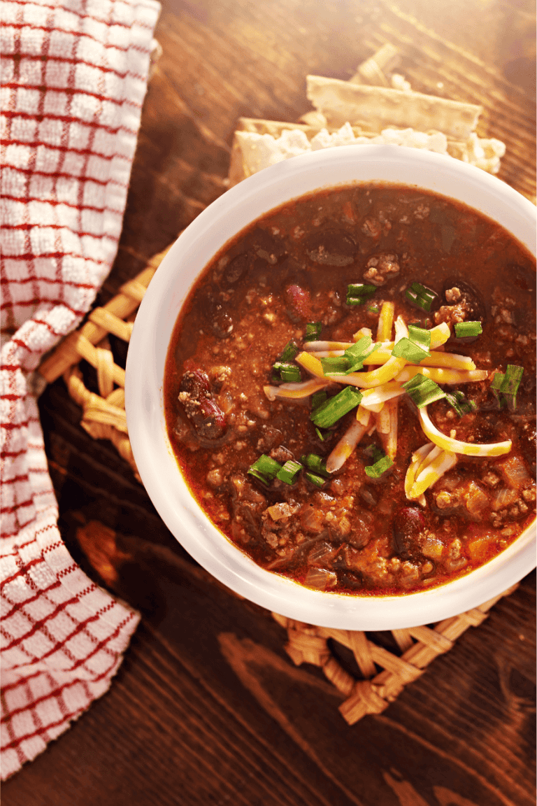 Venison Chili styled on a countertop.