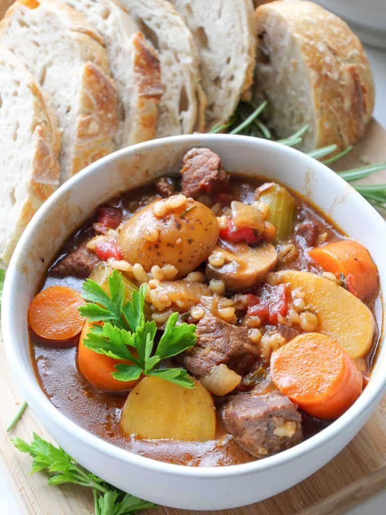 Up close look at beef barley stew.