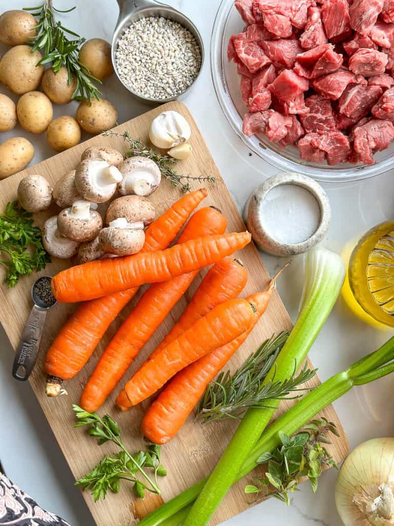 Overhead look at stew ingredients.