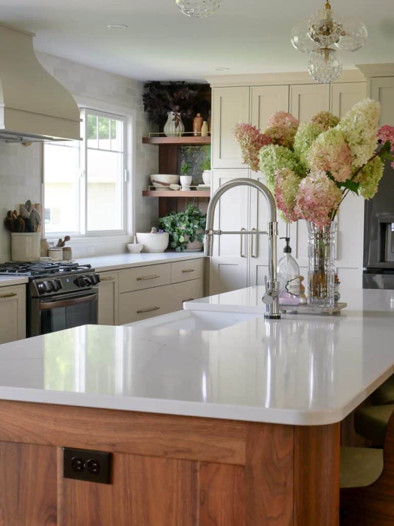 Large bouquet of dried hydrangeas in a kitchen.