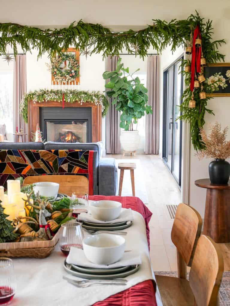 Dining table setting looking into living room.