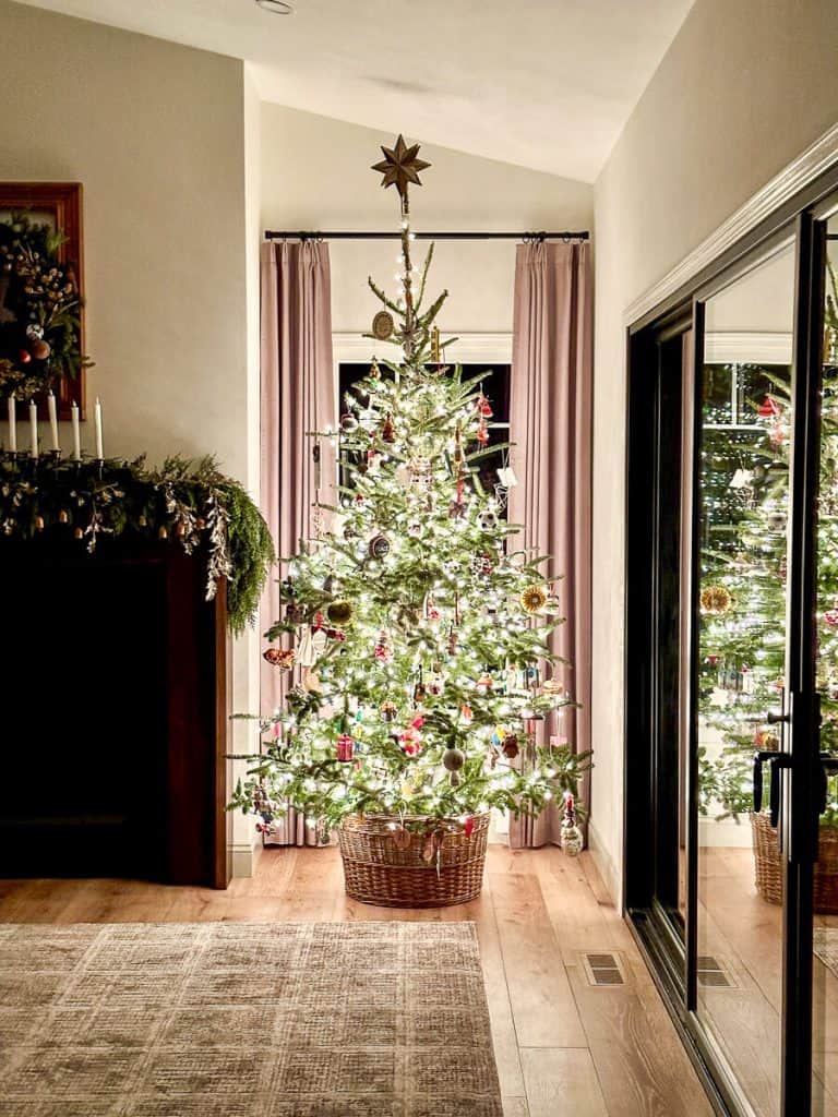 Christmas tree decorated with family ornaments.