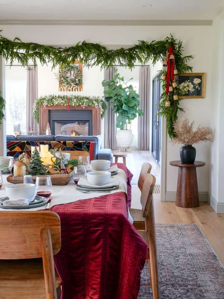 Velvet tablecloth on a Christmas tablescape.