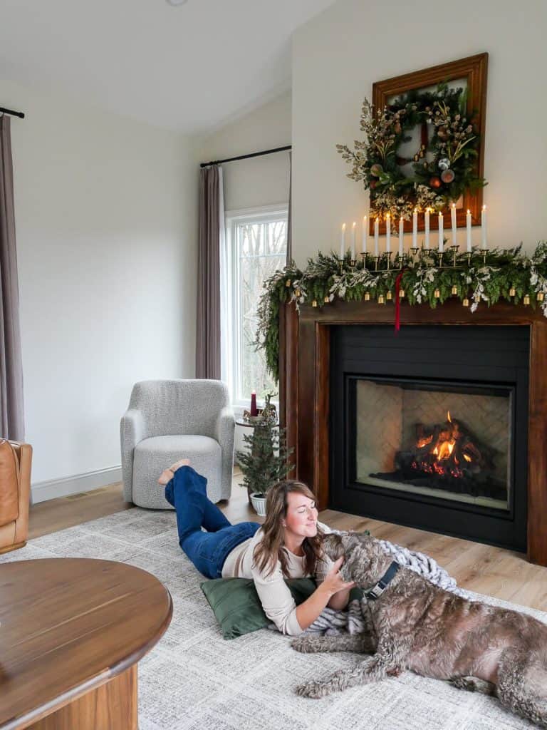 Heavy garland on a fireplace mantel.