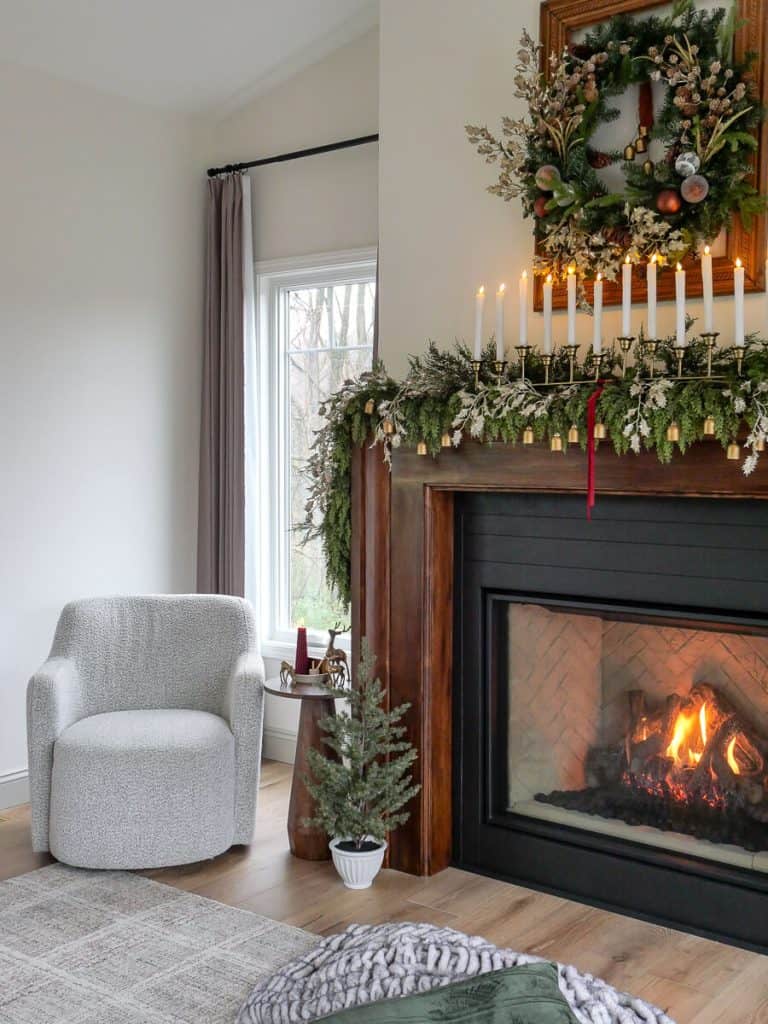 Christmas garland on a fireplace mantel.