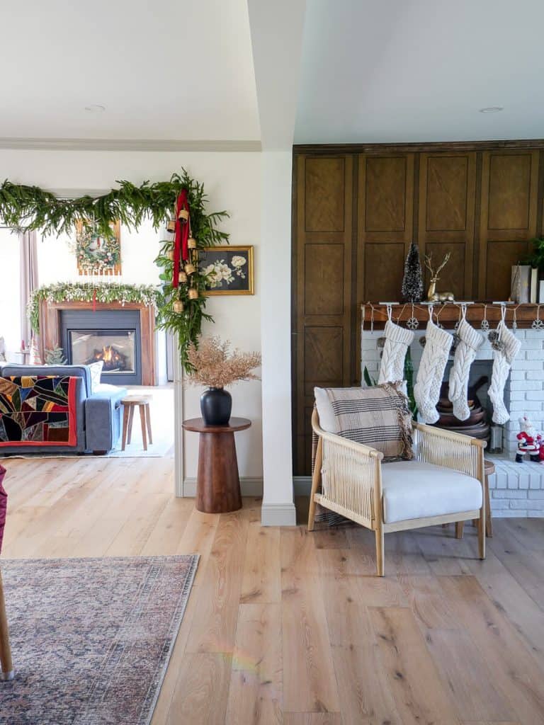 Stockings hung by a fireplace.