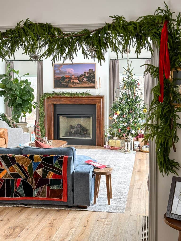 Christmas decor in an organic modern living room.