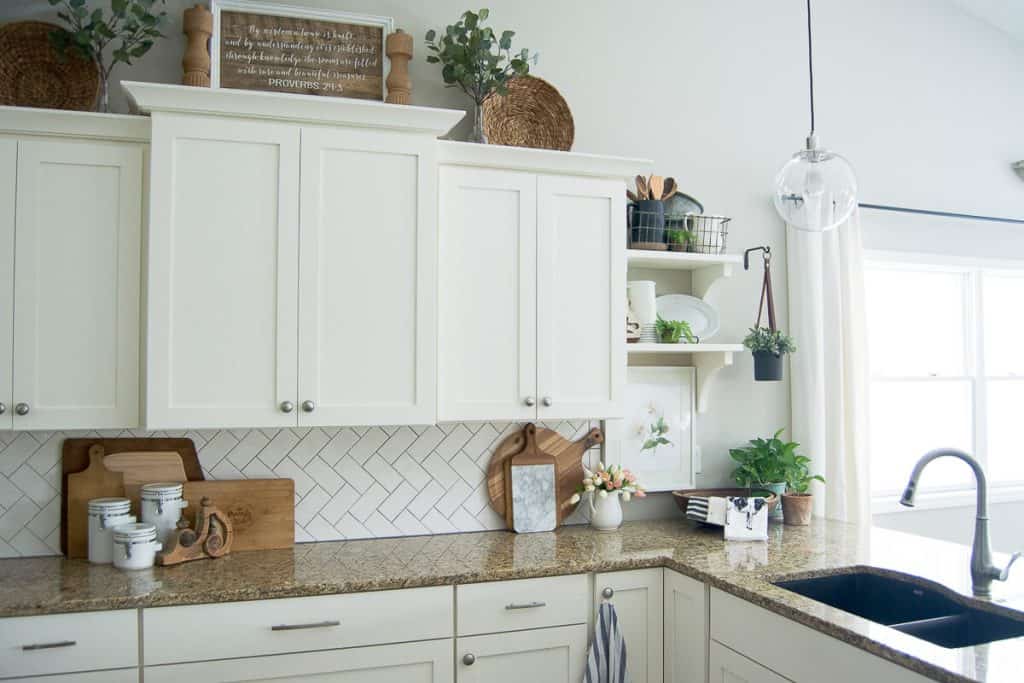 Granite countertop color in a white kitchen.