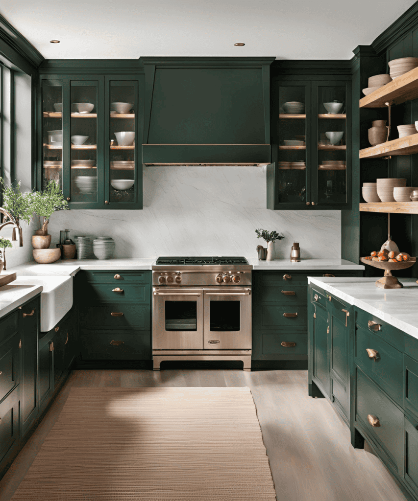 Green kitchen with white backsplash.