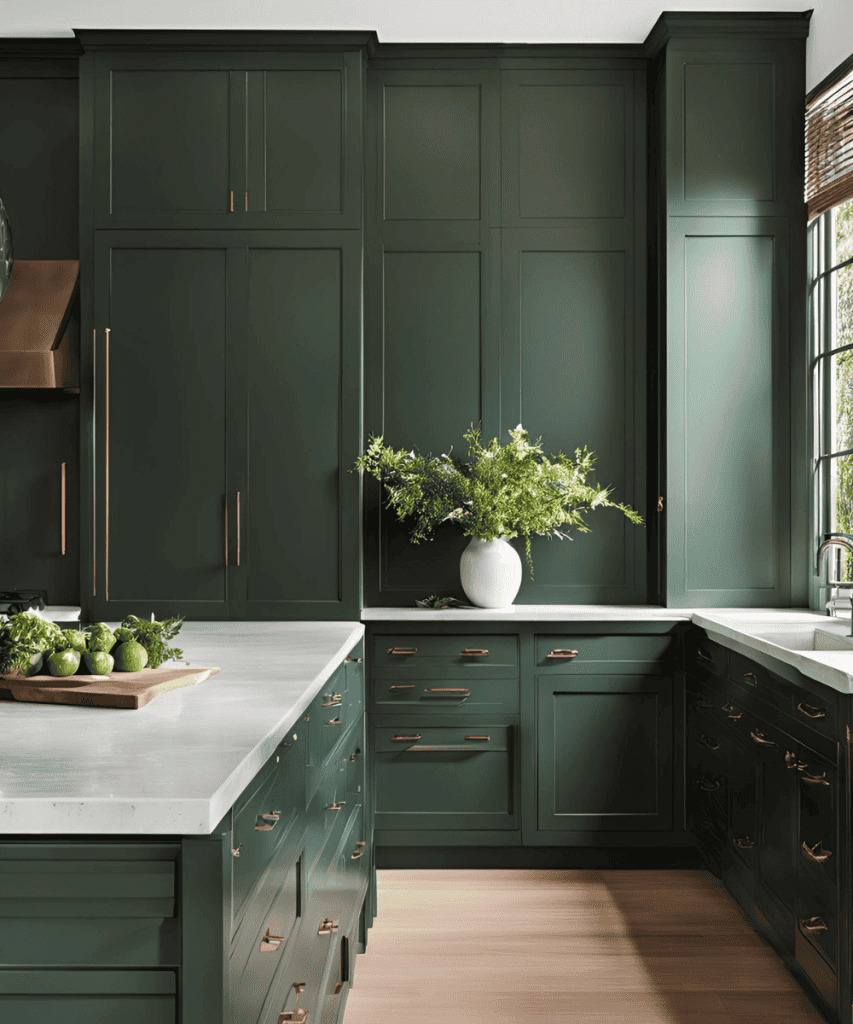 Green wall of kitchen cabinets.