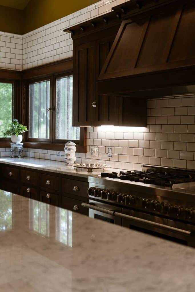 Dark wood tone cabinetry.