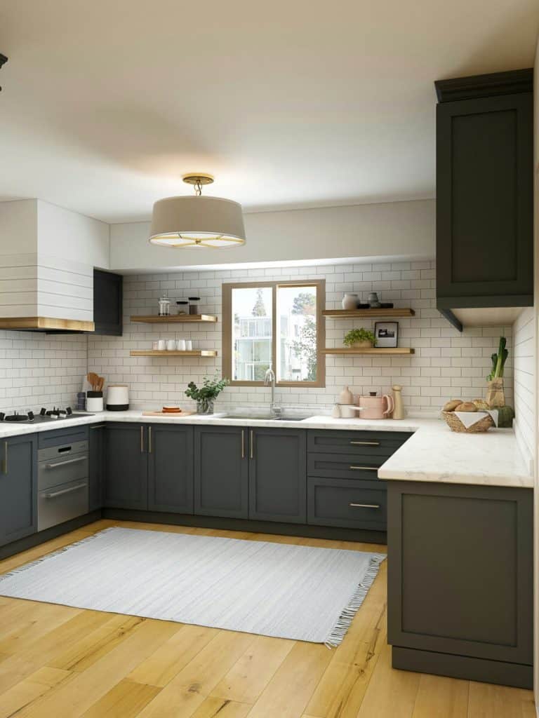 Grey cabinets in a kitchen.