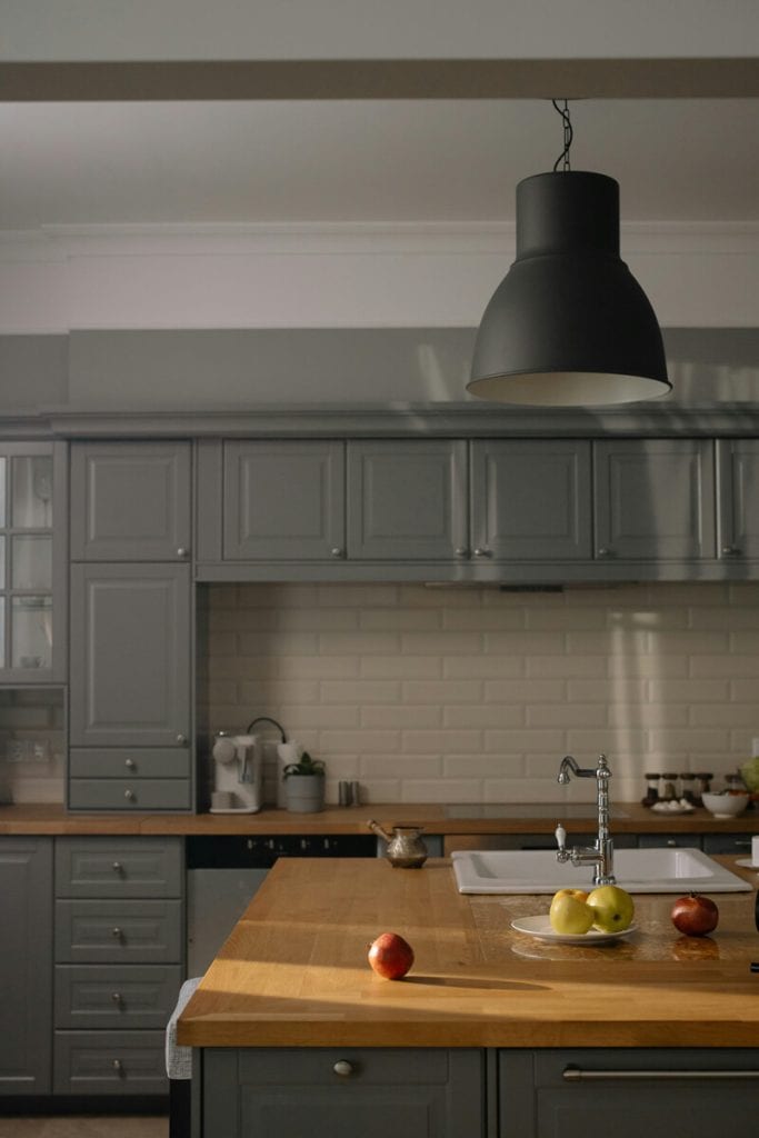 Slate blue kitchen cabinetry.