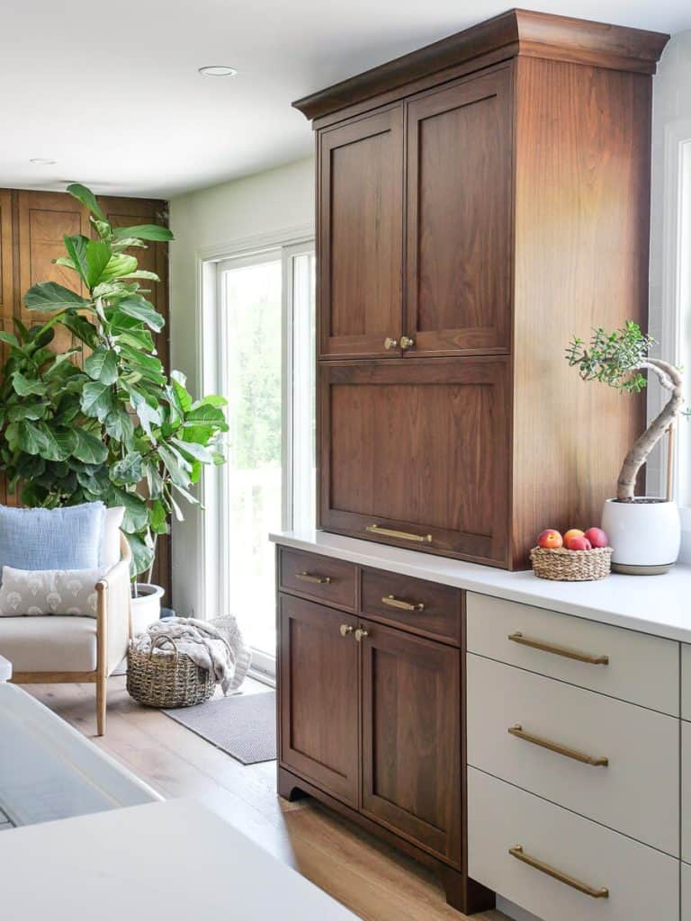 Walnut hutch in a kitchen.