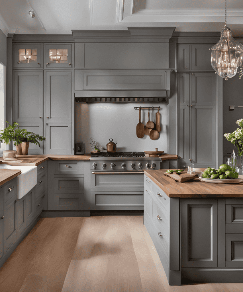 Grey kitchen cabinets with wood countertops.